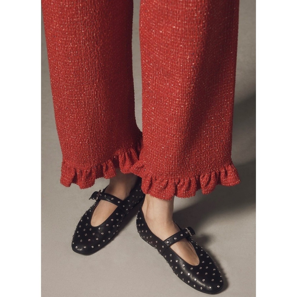 Maeve Anthropologie Red Boucle Tweed Ruffle Hem Wide Leg Pants Crystal Button - Picture 12 of 12